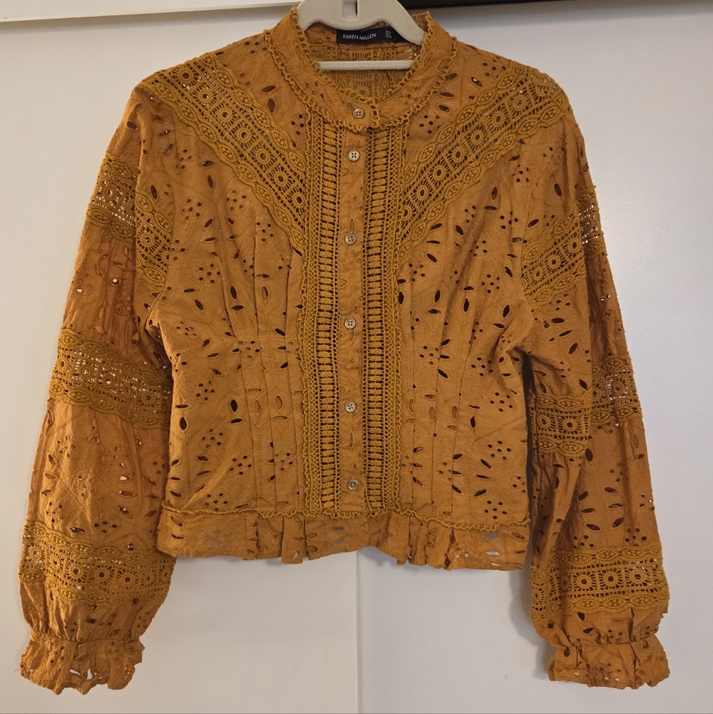 Karen Millen Mustard Yellow Cotton Broderie Lace Button Front Top Size 8